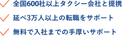 全国600社以上タクシー会社と提携、延べ3万人以上の転職をサポート、無料で入社までの手厚いサポート